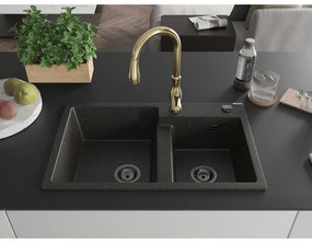Mexen Tomas, granitový drez 800x500x190 mm, 2-komorový a drezová batéria Savita, čierna-zlatá metalíza, 6516-75-672601-50-B