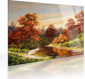Sklenený obraz rieky v jesennej krajine, olejomaľba (70x50 cm)