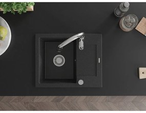 Mexen Enzo, 1-komorový granitový drez 576x465x174 mm a drezová batéria Savita, čierna-strieborná metalíza, 6506-73-672601-00