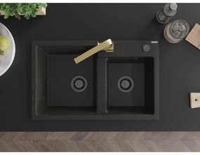 Mexen Tomas, granitový drez 800x500x190 mm, 2-komorový a zlatá batéria Rita, čierna-zlatá metalíza, 6516-75-670300-50-B