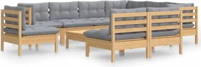 vidaXL 10-dielna sedacia súprava do záhrady, sivé vankúše, borovica