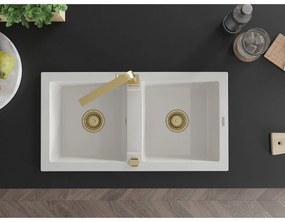 Mexen Mario, granitový drez 820x436x161 mm, 2-komorový, biela so zlatým sifónom a zlatá drezová batéria Rita, 6504-20-670300-50
