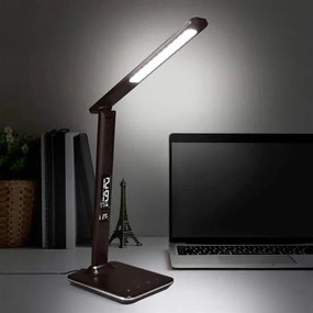 Solight LED stolná lampa s displejom, 9W, voľba teploty svetla, koženka, hnedá