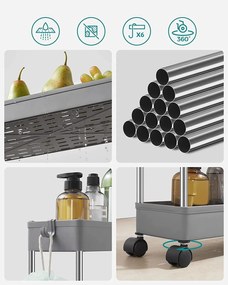 4-úrovňový úzky úložný vozík, regál na kolieskach, sivý