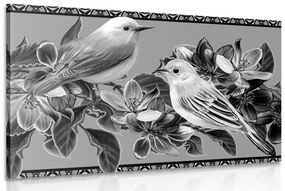 Obraz čiernobiele vtáčiky a kvety vo vintage prevedení - 60x40