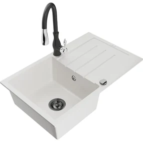 Mexen Bruno, 1-komorový granitový drez 795x495x200 mm a drezová batéria Savita, biela, 6513-20-672601-70