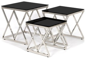 Dekorstudio 3-dielný set strieborných kávových stolíkov CESARE s čiernym sklom