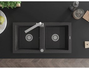 Mexen Mario, granitový drez 820x436x161 mm, 2-komorový, čierna škvrnitá s chrómovým sifónom a chrómová drezová batéria Rita, 6504-76-670300-00