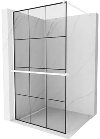 Mexen Kioto+, sprchová zástena Walk-In s poličkou a vešiakom 110 x 200 cm, 8mm číre sklo čierny vzor, biely profil, 800-110-121-20-77