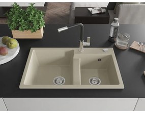 Mexen Tomas, 2-komorový granitový drez 800x500x190 mm a drezová batéria Flora, béžová, 6516-69-670401-07