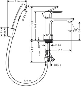 Hansgrohe Rebris S, umývadlová batéria 110 s ručnou sprchou Bidette a sprchovou hadicou 160 cm, bez odtokovej súpravy, čierna matná, 72215670