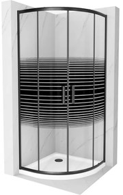 Mexen Rio, štvrťkruhový sprchovací kút s posuvnými dverami 90(dvere) x 90(dvere) x 190 cm, 6mm číre sklo s pásikmi, čierny profil + biela sprchová vanička Slim, 863-090-090-70-20-4110B