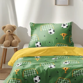 Goldea detské bavlnené obliečky duo - futbalový svet s medovo žltou 140 x 200 a 70 x 90 cm