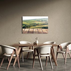 Obraz - Drevená polica s krajinou (90x60 cm)