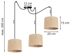 Závesné svietidlo Juta Spider, 3x jutové tienidlo, (výber z 2 farieb konštrukcie), (fi 20cm)
