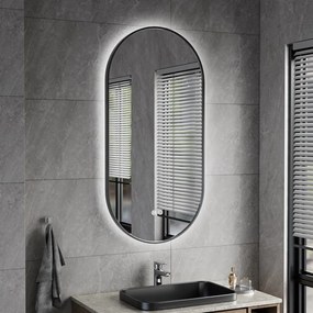 Erga Freya, oválne LED zrkadlo 50x100cm v čiernom kovovom ráme, 3 farby svetla, zadné osvetlenie, vyhrievacia podložka proti zapareniu, ERG-V01-FREYA-5010-BK