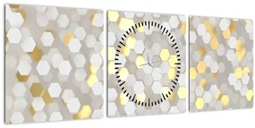 Obraz - Zlato-biele hexagóny (s hodinami) (90x30 cm)