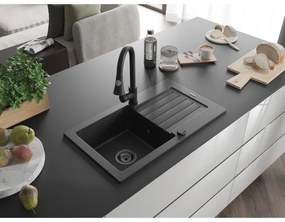Mexen Pablo, 1-komorový granitový drez 752x436x161 mm a drezová batéria Elia, čierna-strieborná metalíza, 6510-73-670101-70-B