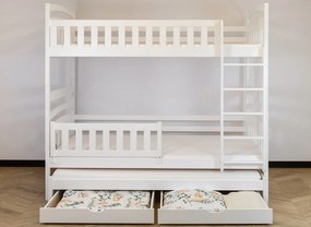 Detská poschodová posteľ z masívu BOHDANA s prístelkou a šuplíky - 200x90 cm - BIELA