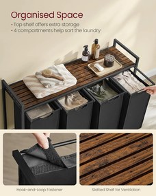 Kôš na prádlo, 4 priehradkový separátor oblečenia 116×33×72 cm, čierny a rustikálny hnedý