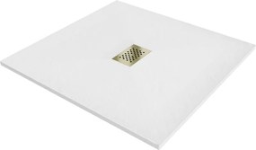 Mexen Hugo, štvorcová sprchová vanička SMC 100 x 100 cm, biela, zlatá krytka, 42101010-G