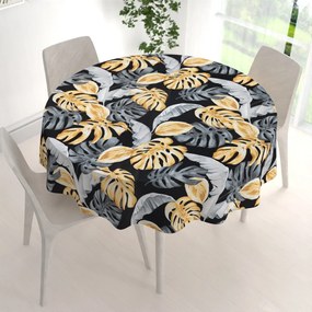 Biante Bavlnený okrúhly obrus Sandra SA-228 Sivé a zlaté tropické listy na čiernom Ø 100 cm