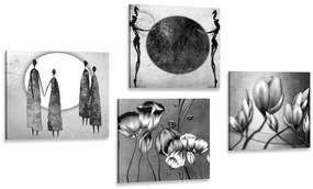 Set obrazov v čiernobielom etno prevedení - 4x 60x60