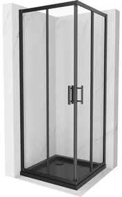 Mexen Rio, štvorcový sprchovací kút s posuvnými dverami 90 x 90 cm, 6mm číre sklo, čierny profil + čierna sprchová vanička, 860-090-090-70-00-4070B