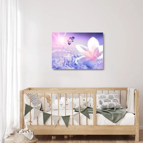 Sklenený obraz - Motýľ prilietajúci na kvet (70x50 cm)