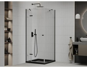 Mexen Roma, sprchovací kút s 1-krídlovými dverami 90 (dvere) x 90 (stena) cm, 6mm číre sklo, čierny profil, slim sprchová vanička 5cm čierna s čiernym sifónom, 854-090-090-70-00-4070B