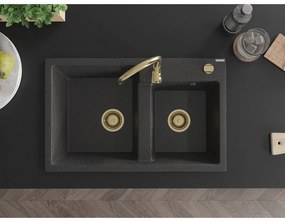 Mexen Tomas, granitový drez 800x500x190 mm, 2-komorový, čierna škvrnitá so zlatým sifónom, 6516802000-76-G