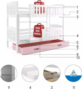 Poschodová posteľ KUBO 190x90 | biela - ružová