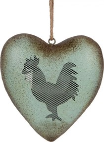 Zelené antik kovové srdce s kohútom Rooster - 23*7*23 cm