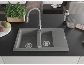 Mexen Gaspar, 1,5-komorový granitový drez 737x475x177 mm a drezová batéria Savita, šedá, 6507-71-672601-71