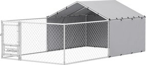 Kotec pre psov PawHut s UV-odolnou vodotesnou strechou a otáčacími miskami, Kotec pre stredných a veľkých psov s oceľovými zámkami, 400x230x150 cm, St