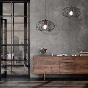 Závesné svietidlo Meridiano, 1x čierne drôtené tienidlo, b/drevo