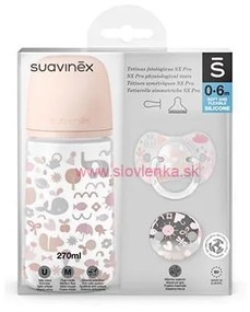 SUAVINEX - sada fľiaš 270 ml + cumlík fyziologický 0/6 m + klip MEMORIES - ružová