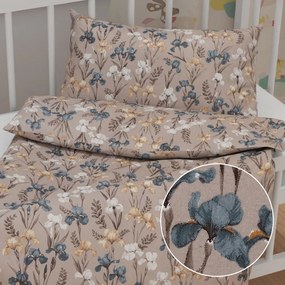 Biante Detské bavlnené posteľné obliečky do postieľky Sandra SA-637 Modro-béžovo-biele kosatce na sivobéžovom Do postieľky 90x130 a 40x60 cm