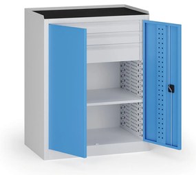 Dielenská skriňa nízka na náradie KOVOS, 1 police, 3 zásuvky, 950 x 600 x 1180 mm, modrá