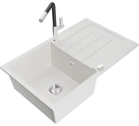 Mexen Bruno, 1-komorový granitový drez 795x495x200 mm a drezová batéria Flora, biela, 6513-20-670401-07