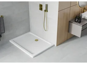 Mexen SLIM - Obdĺžniková sprchová vanička 90x70x5cm + zlatý sifón, biela, 40107090G