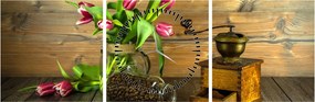 Obraz - tulipány, mlynček a káva (s hodinami) (90x30 cm)