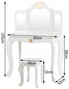Detský toaletný stolík, zrkadlo + taburetka | biely