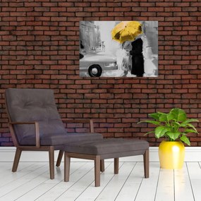 Sklenený obraz - Zamilovaný pár pod dáždnikom, žltý (70x50 cm)