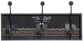 Nástenný vešiak "vintage wild style" 3 háčiky, čierny mdf metal, 45x8x22cm