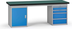 Pracovný stôl do dielne G8, 2100 x 750 x 800 mm, 1x skrinka, 1x kontejner, 4 zásuvky, modrá