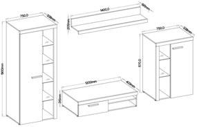 Obývacia stena RUMBA, 270x190x40, sivá/dub lefkas