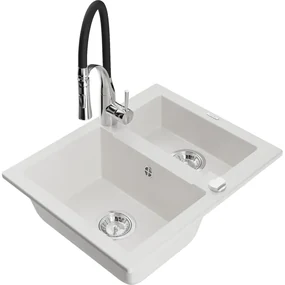 Mexen Carlos, 1,5-komorový granitový drez 582x475x177 mm a drezová batéria Aster, biela, 6518-20-73450-07