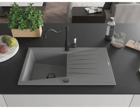 Mexen Cesar, 1-komorový granitový drez 775x470x190 mm a drezová batéria Carla, šedá, 6514-71-670700-70-B