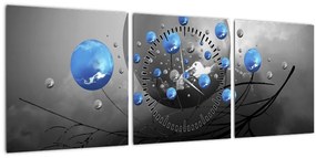Obraz modrých abstraktných gulí (s hodinami) (90x30 cm)